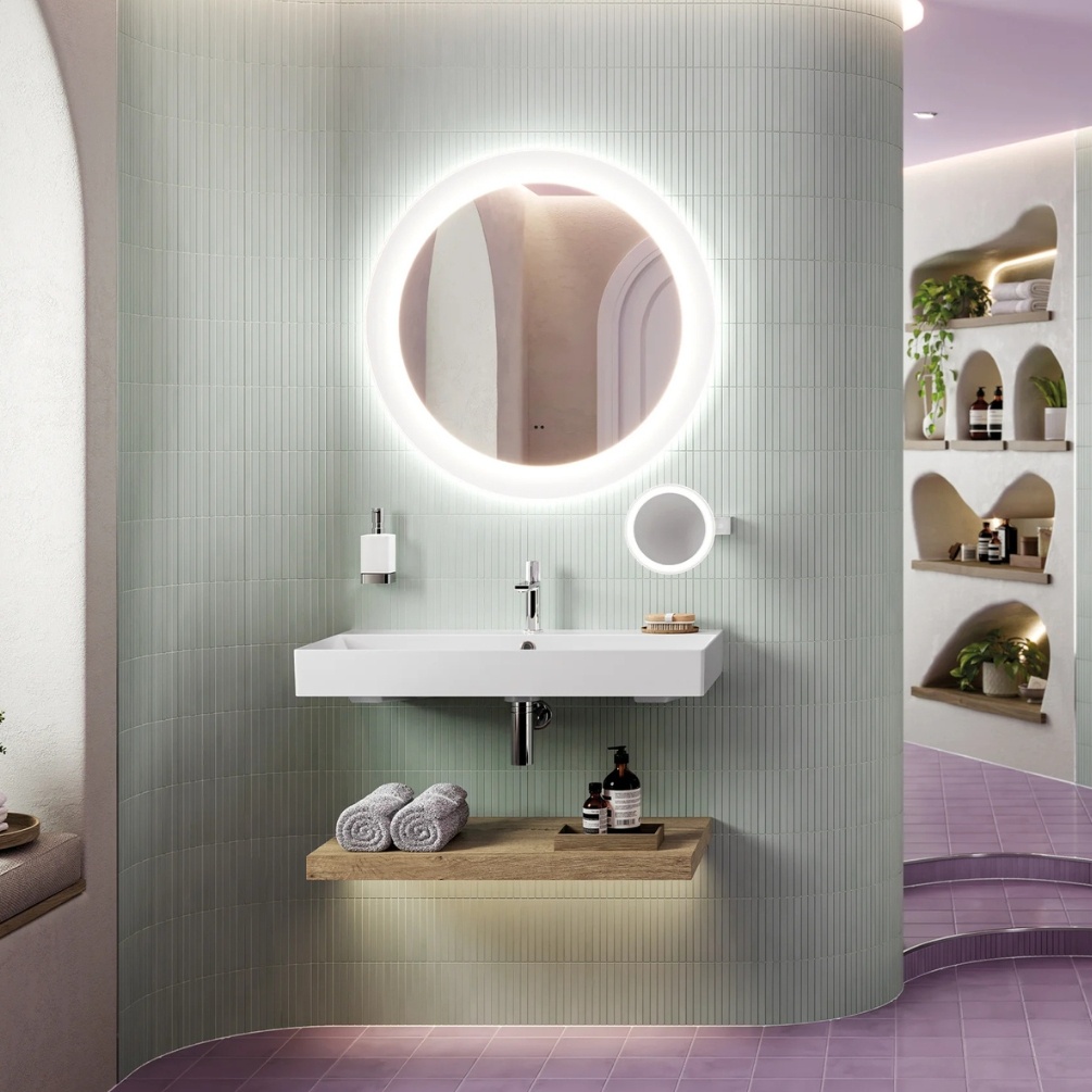 Lifestyle image of the hib. Cassini Round 800mm Deep Border LED Mirror